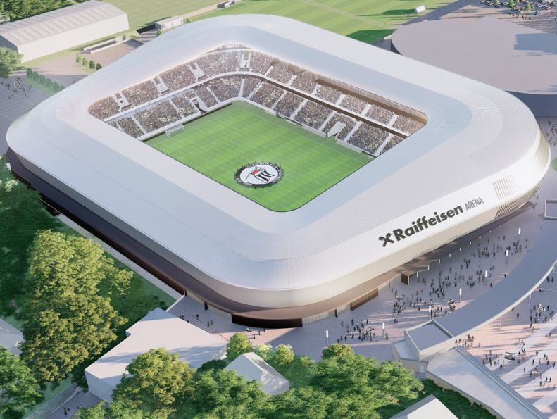 Ein Foto aus der Vogelperspektive von einem Fussballstadion in Linz